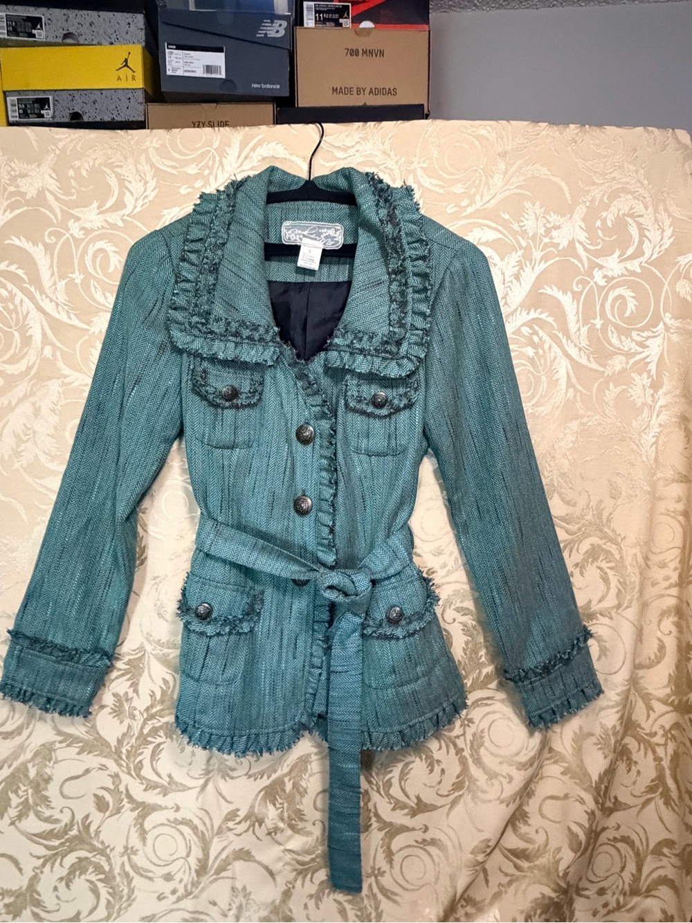 Milly Teal Ruffle-Trim Belted Jacket
